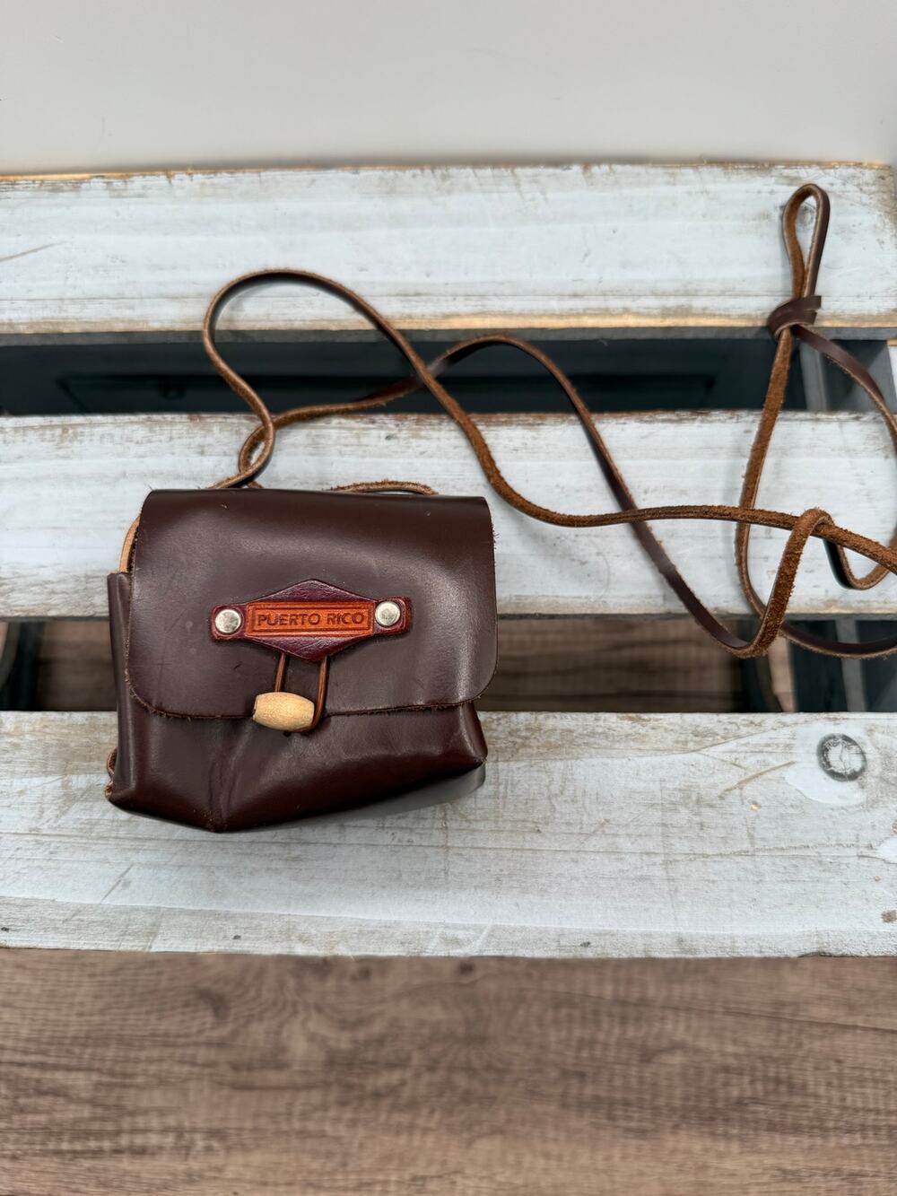 Vintage Handcrafted Brown Leather Puerto Rico Mini Crossbody Pouch Bag